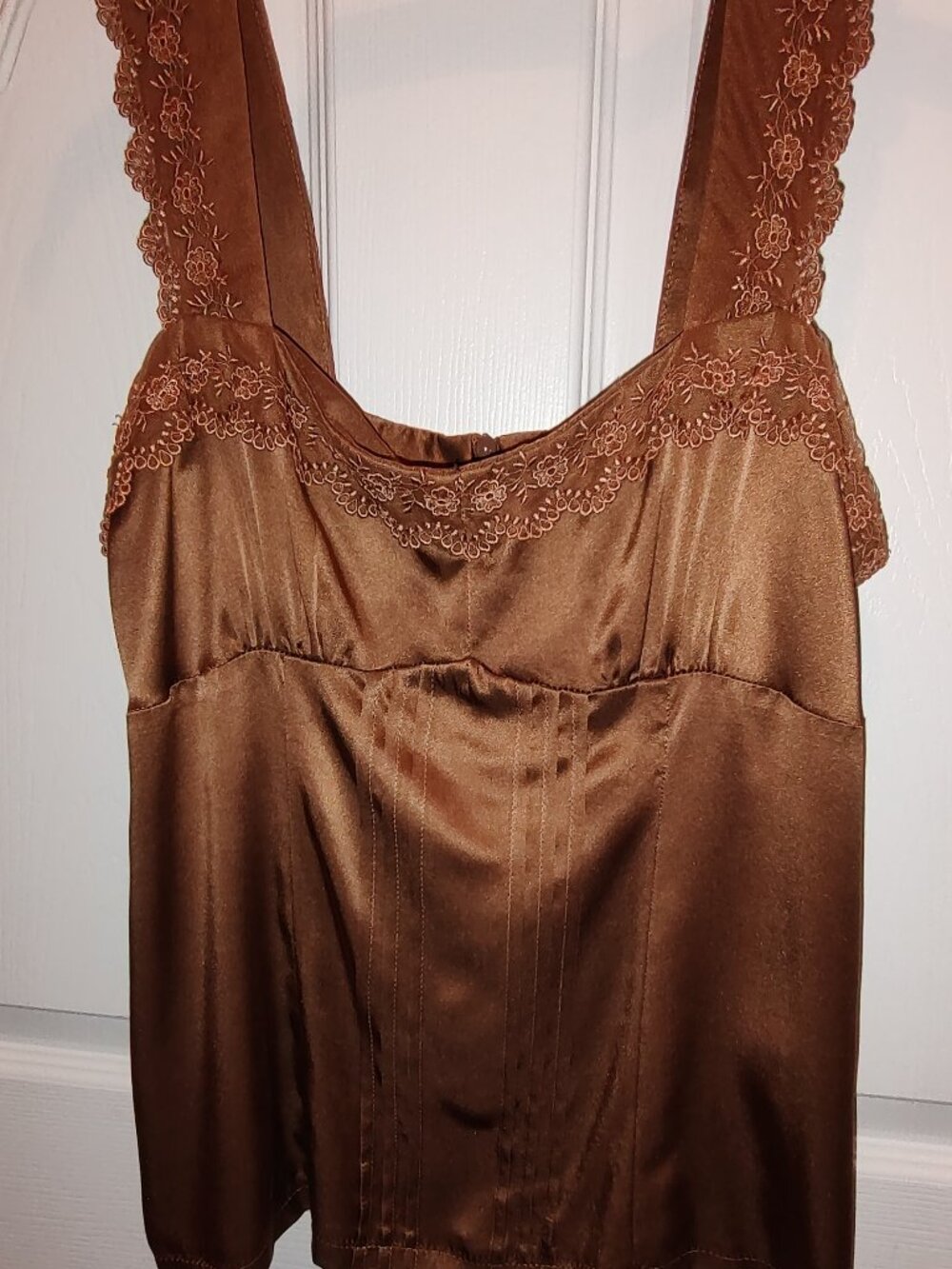 NANETTE LEPORE TANK 100% SILK SHEER LACE TRIMED STRAPS EMPIRE WAIST BRONZE SZ 6